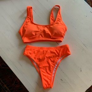 Orange bikini scoop neck high leg high waist